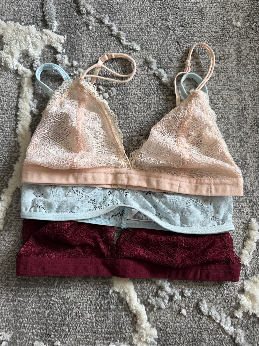 Lace Triangle Bralettes - Peach, Light Blue & Burgundy